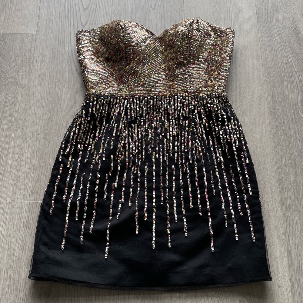 Terani Couture Gold Sequin Bustier Mini Dress with Black Skirt